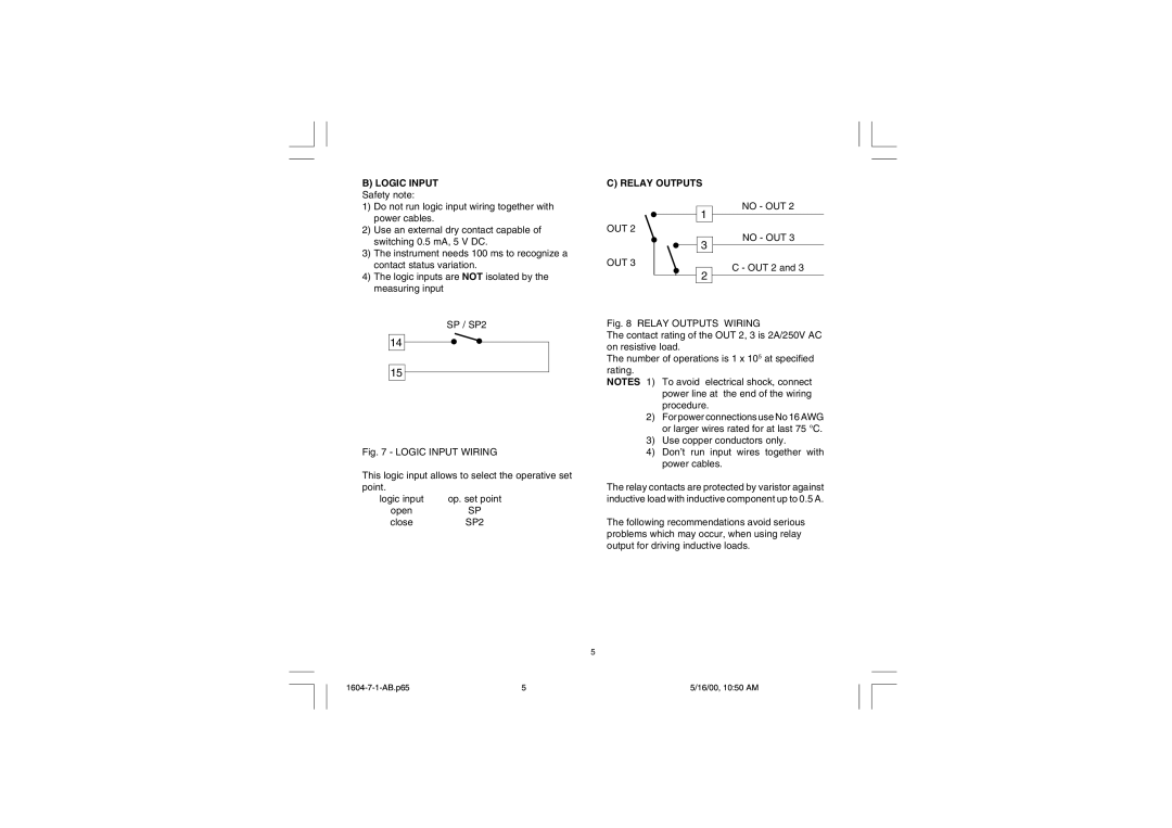 Chromalox 1604-7 user manual Logic Input Safety note, Relay Outputs 