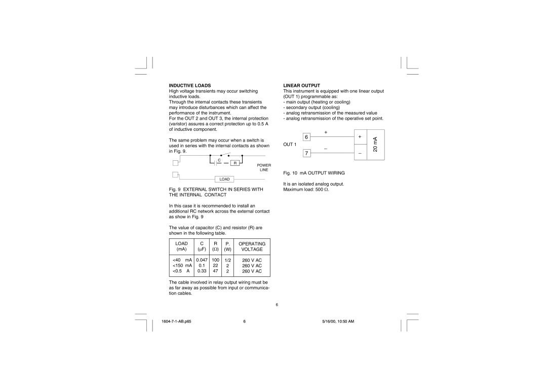 Chromalox 1604-7 user manual Inductive Loads, Linear Output, Load Operating Voltage 