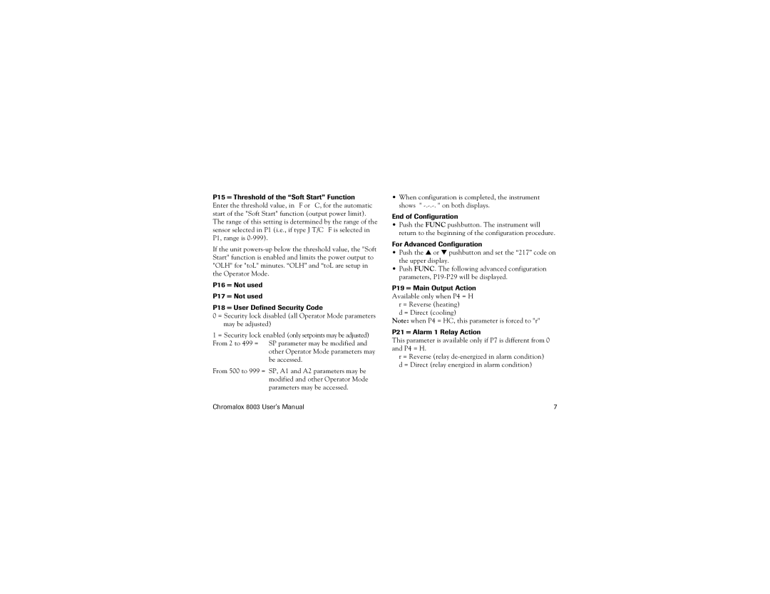 Chromalox 8003 End of Configuration, For Advanced Configuration, P19 = Main Output Action Available only when P4 = H 