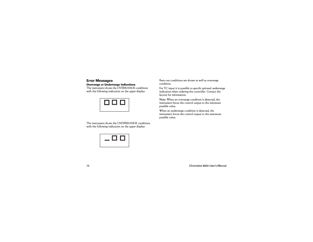 Chromalox 8003 user manual Error Messages, Overrange or Underrange Indications 