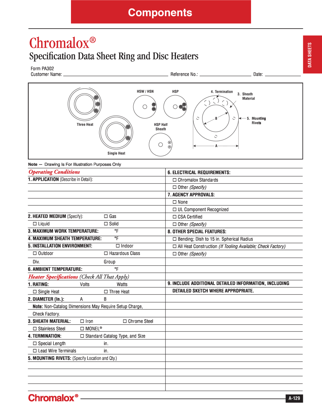 Chromalox A-129 specifications Chromalox, Components, Specification Data Sheet Ring and Disc Heaters, Operating Conditions 