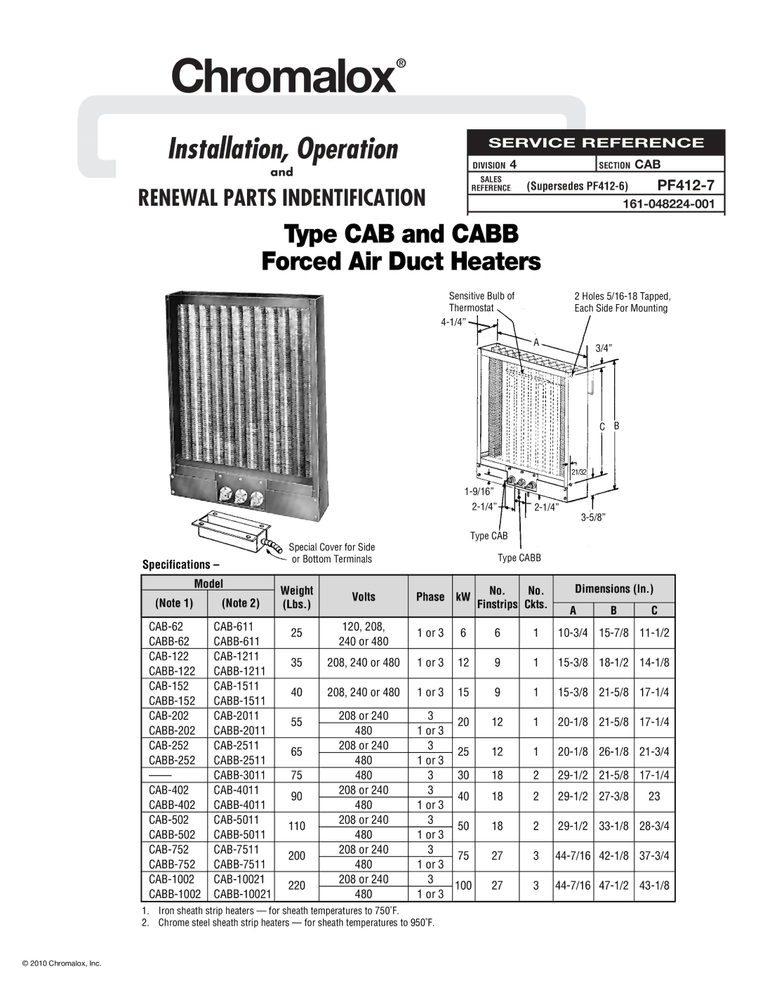Chromalox CAB specifications Specifications, Supersedes PF412-6 PF412-7, Model 