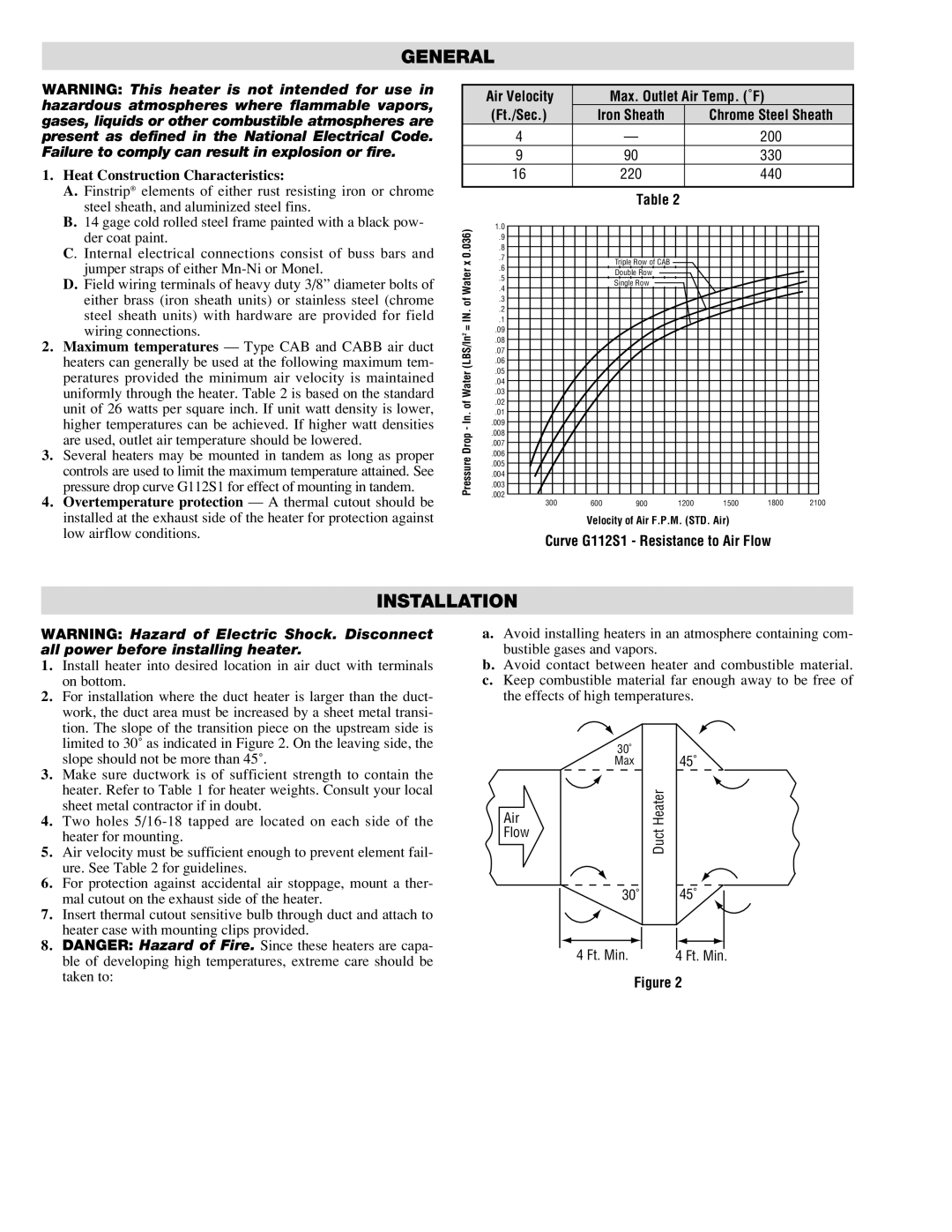 Chromalox CAB specifications General, Installation, Air Velocity Max. Outlet Air Temp. ˚F, Iron Sheath 