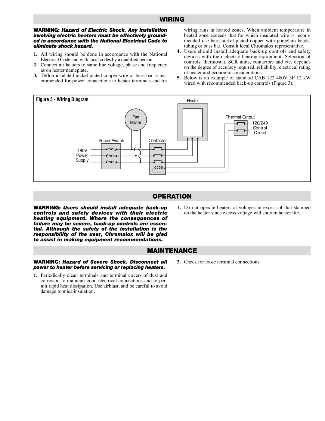 Chromalox CAB specifications Wiring, Operation, Maintenance 