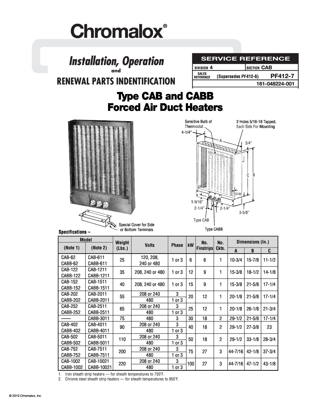 Chromalox specifications Specifications, Chromalox, Installation, Operation, Type CAB and CABB Forced Air Duct Heaters 