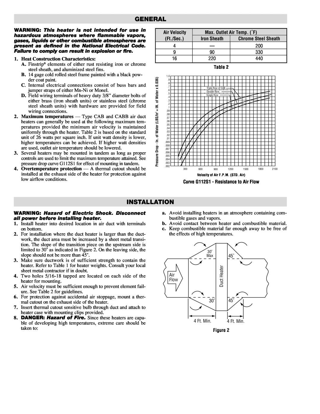 Chromalox CAB specifications General, Installation, Heat Construction Characteristics 