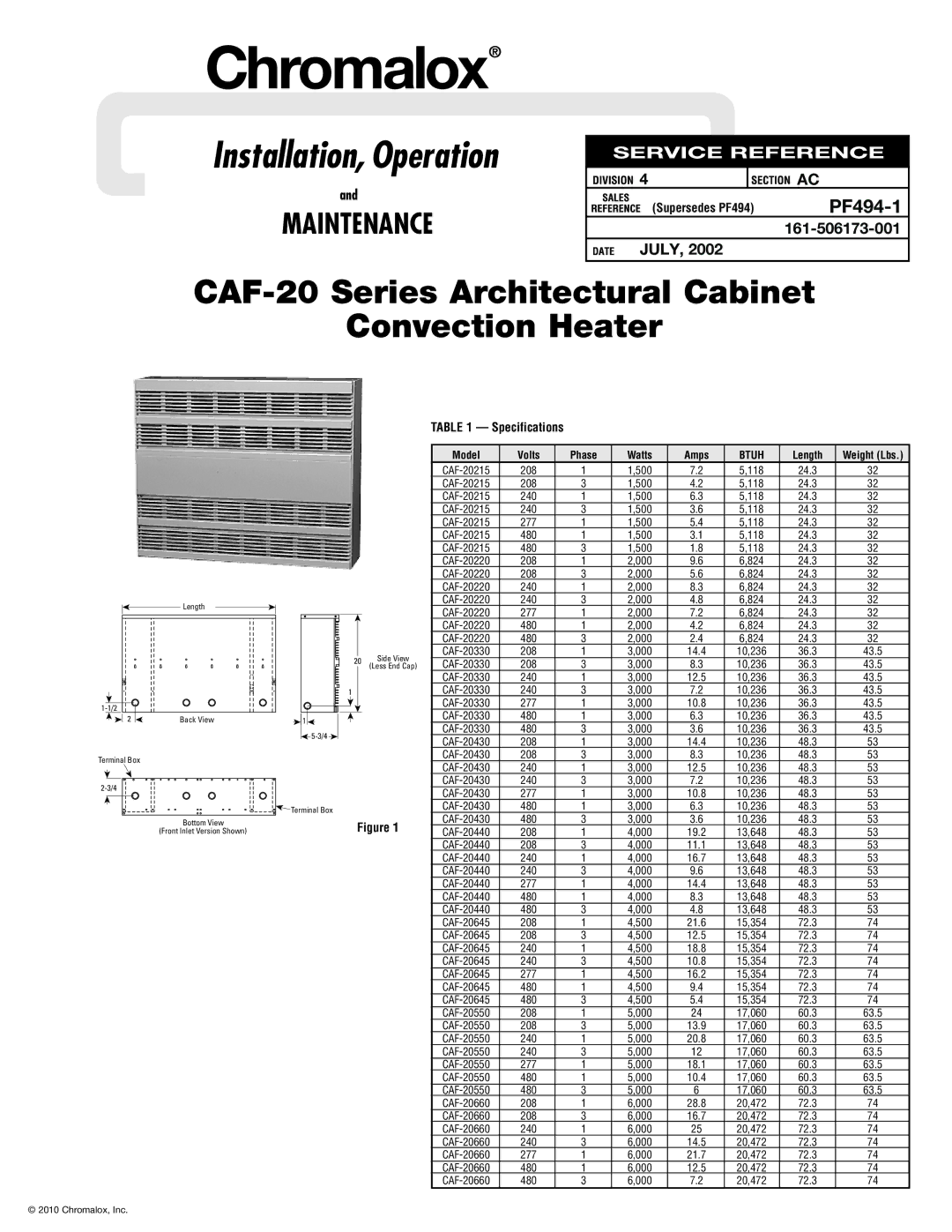 Chromalox CAF-20330, CAF-20215, CAF-20440, CAF-20645 specifications Specifications, Model Volts Phase Watts Amps, Length 