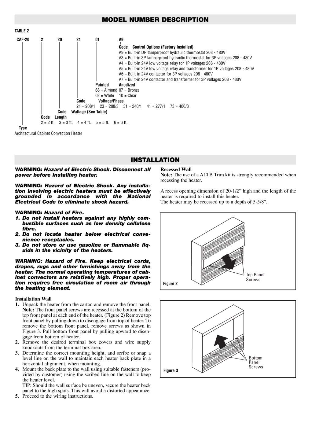 Chromalox CAF-20440, CAF-20215, CAF-20330, CAF-20645 Model Number Description, Installation Wall, Recessed Wall 