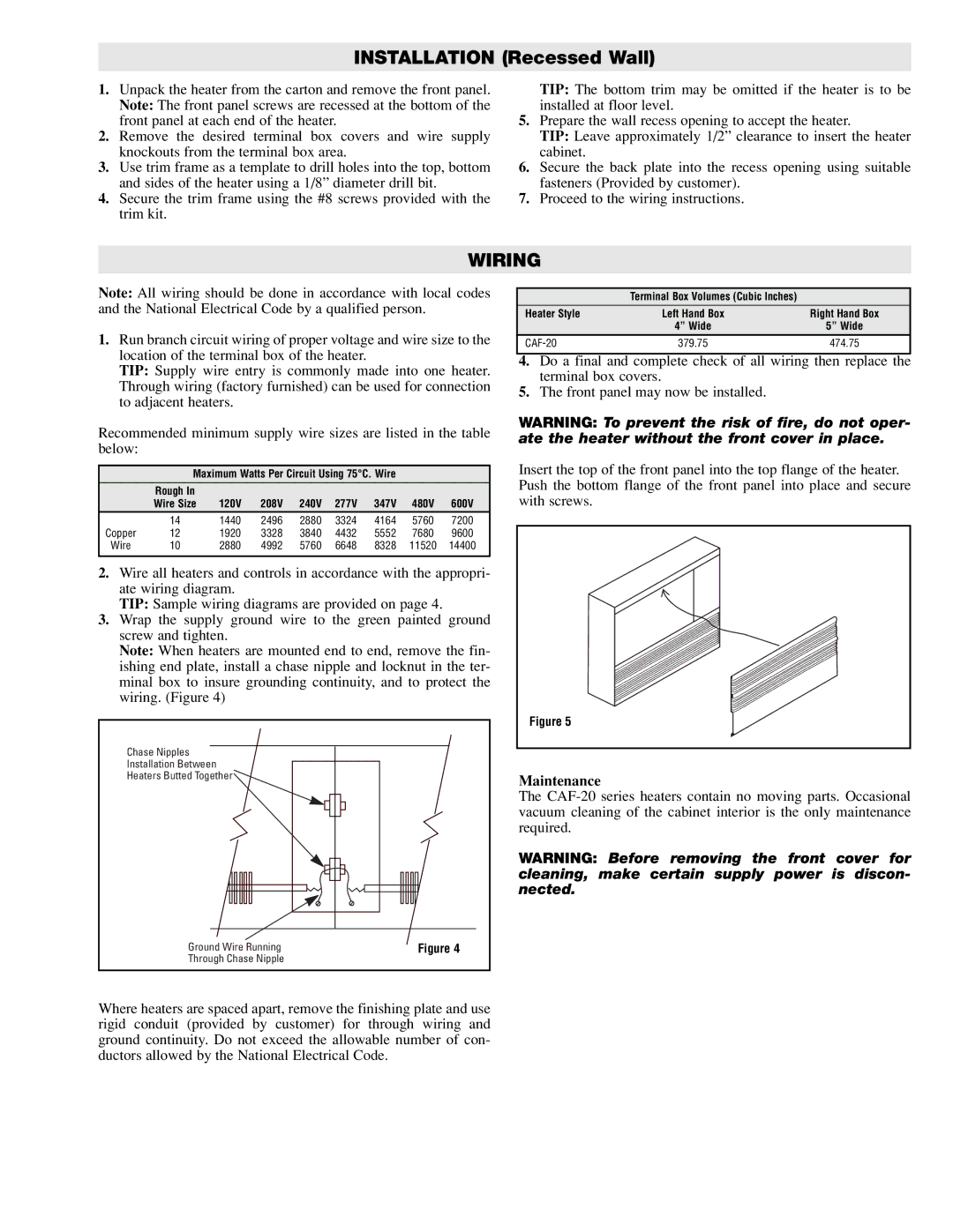 Chromalox CAF-20645 Wiring, Maintenance, Maximum Watts Per Circuit Using 75C. Wire, 120V 208V 240V 277V 347V 480V 