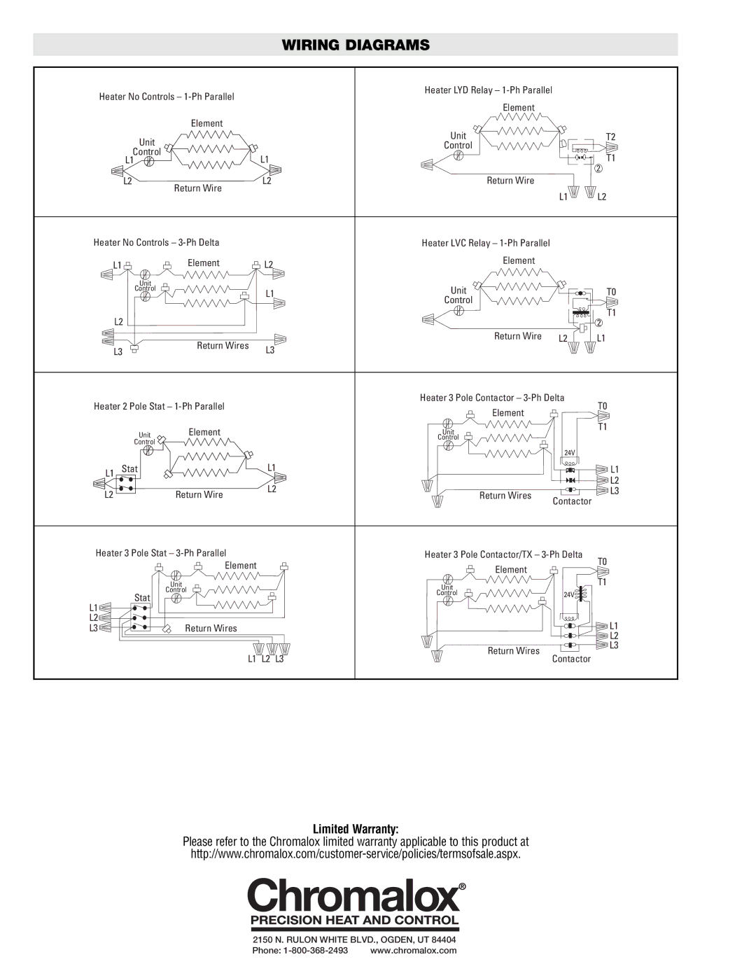 Chromalox CAF-20660, CAF-20215, CAF-20330, CAF-20440, CAF-20645, CAF-20220, CAF-20550 Wiring Diagrams, Limited Warranty 