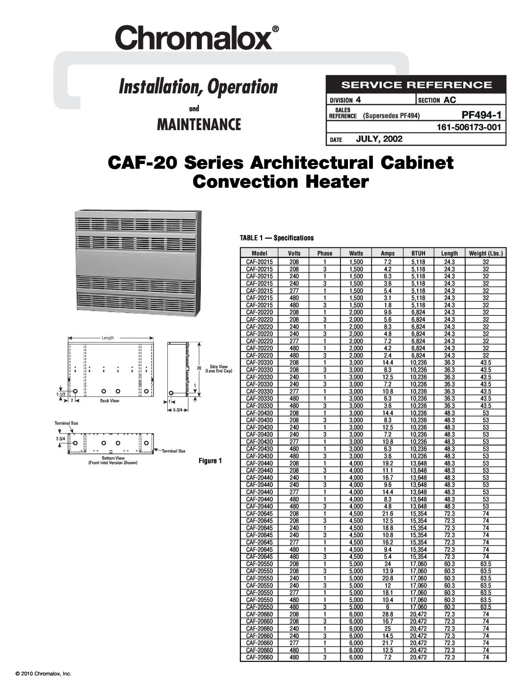 Chromalox CAF-20330 specifications PF494-1, Installation, Operation, CAF-20Series Architectural Cabinet, Convection Heater 
