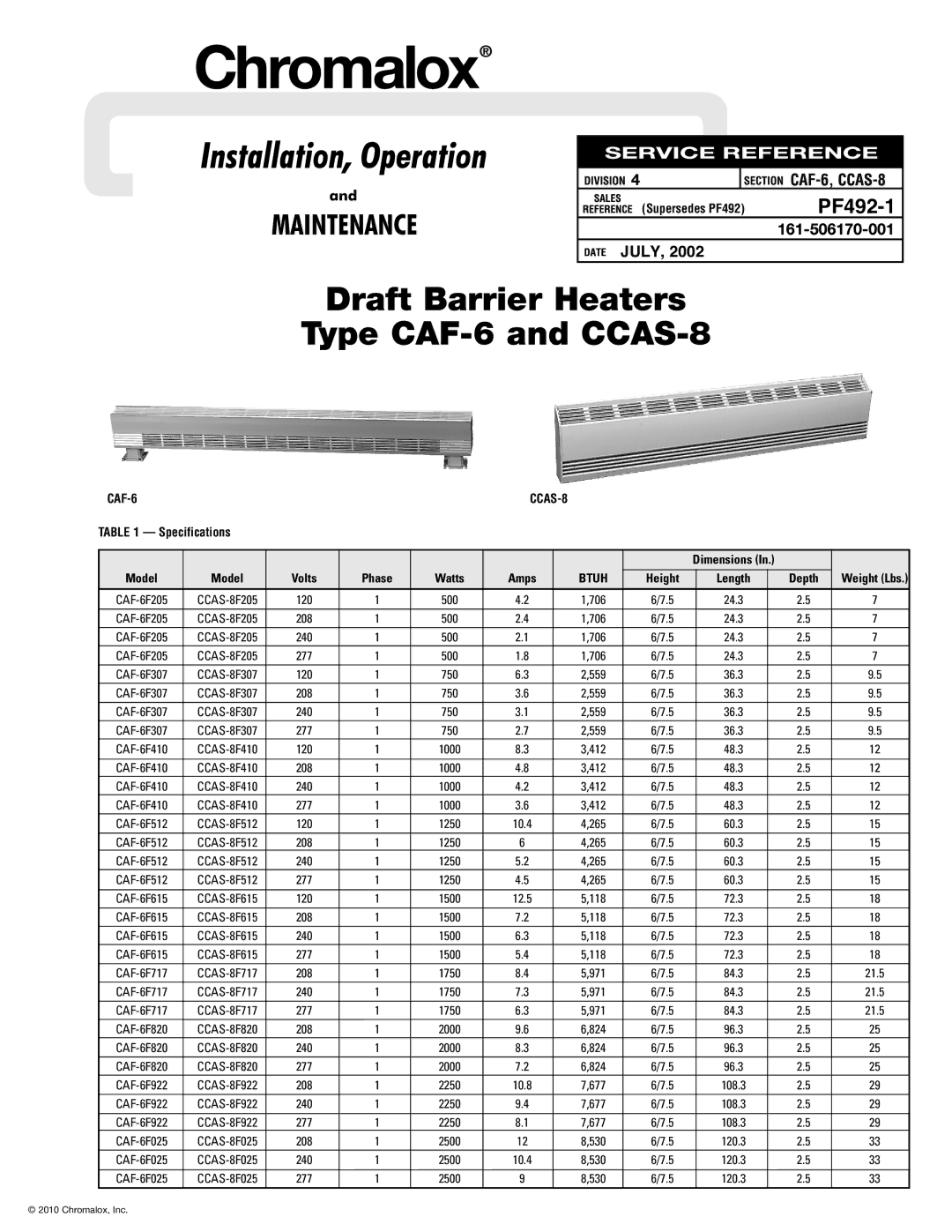 Chromalox CCAS-8, CAF-6 specifications Supersedes PF492, Specifications, Watts Amps 