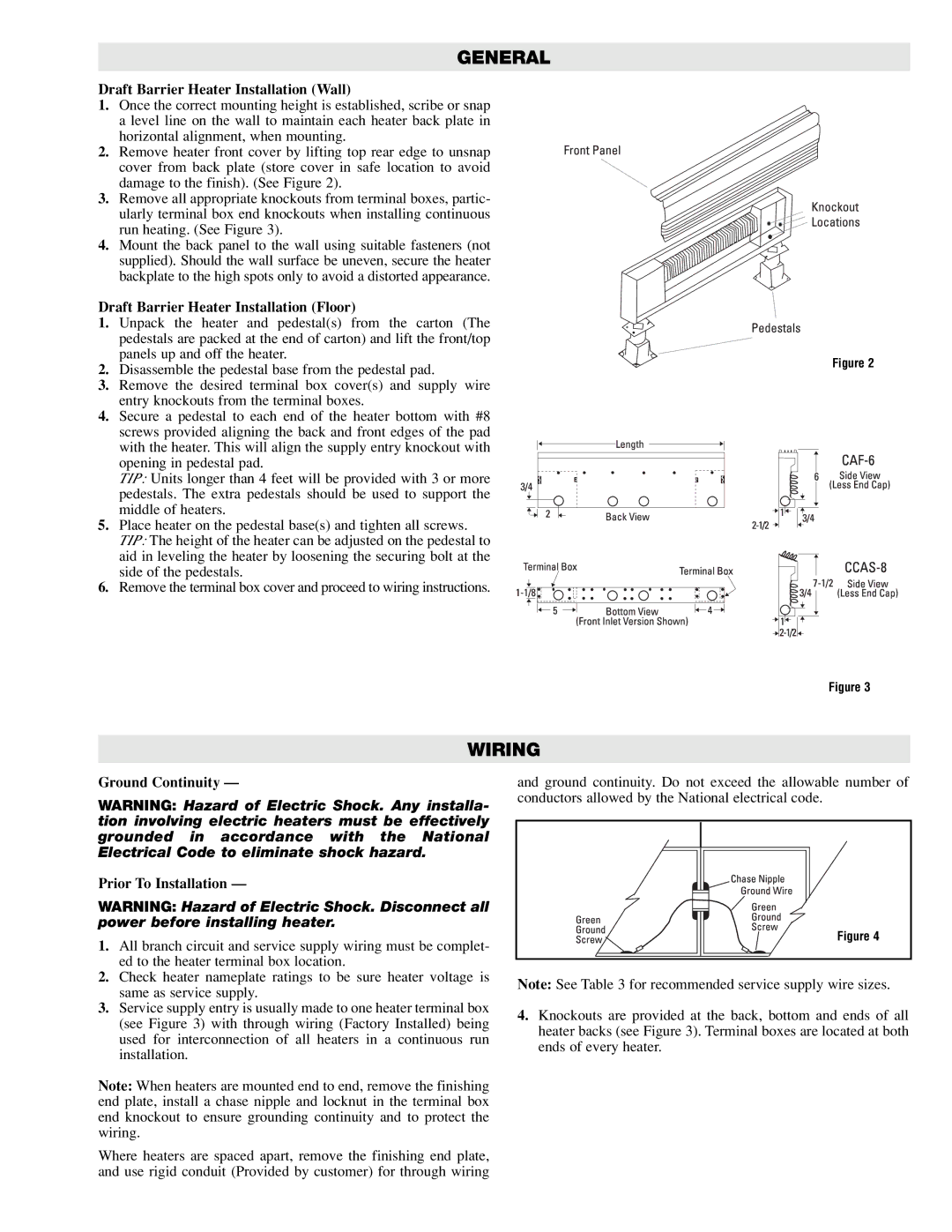 Chromalox CCAS-8, CAF-6 Wiring, Draft Barrier Heater Installation Wall, Draft Barrier Heater Installation Floor 