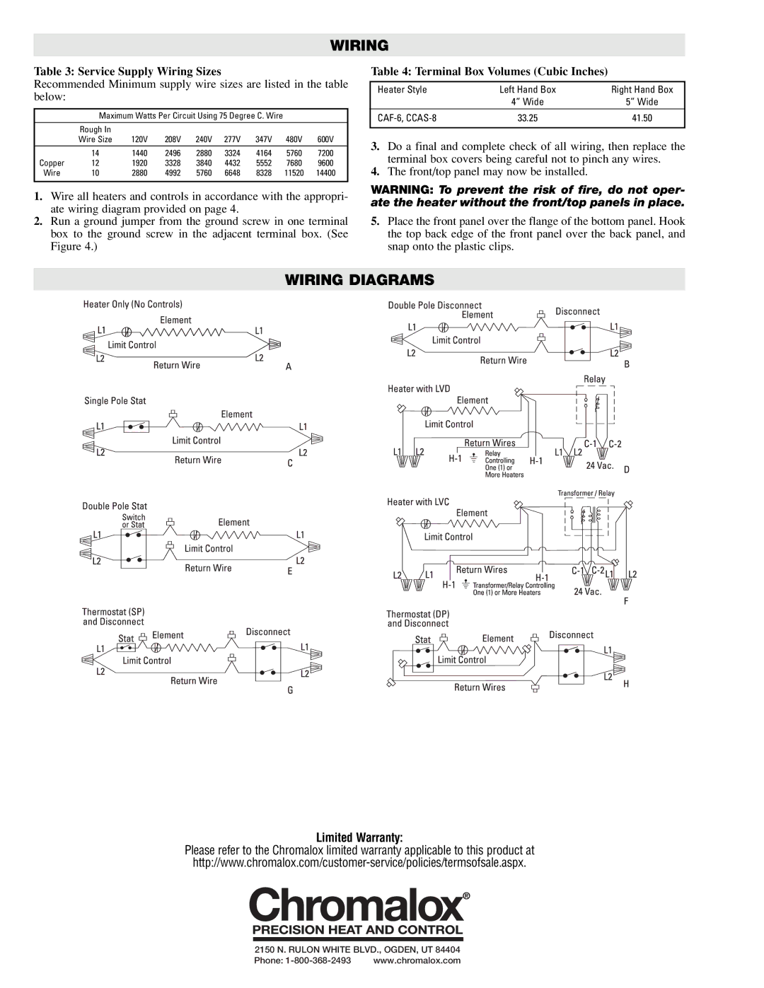 Chromalox CAF-6, CCAS-8 specifications Wiring Diagrams, Service Supply Wiring Sizes, Terminal Box Volumes Cubic Inches 