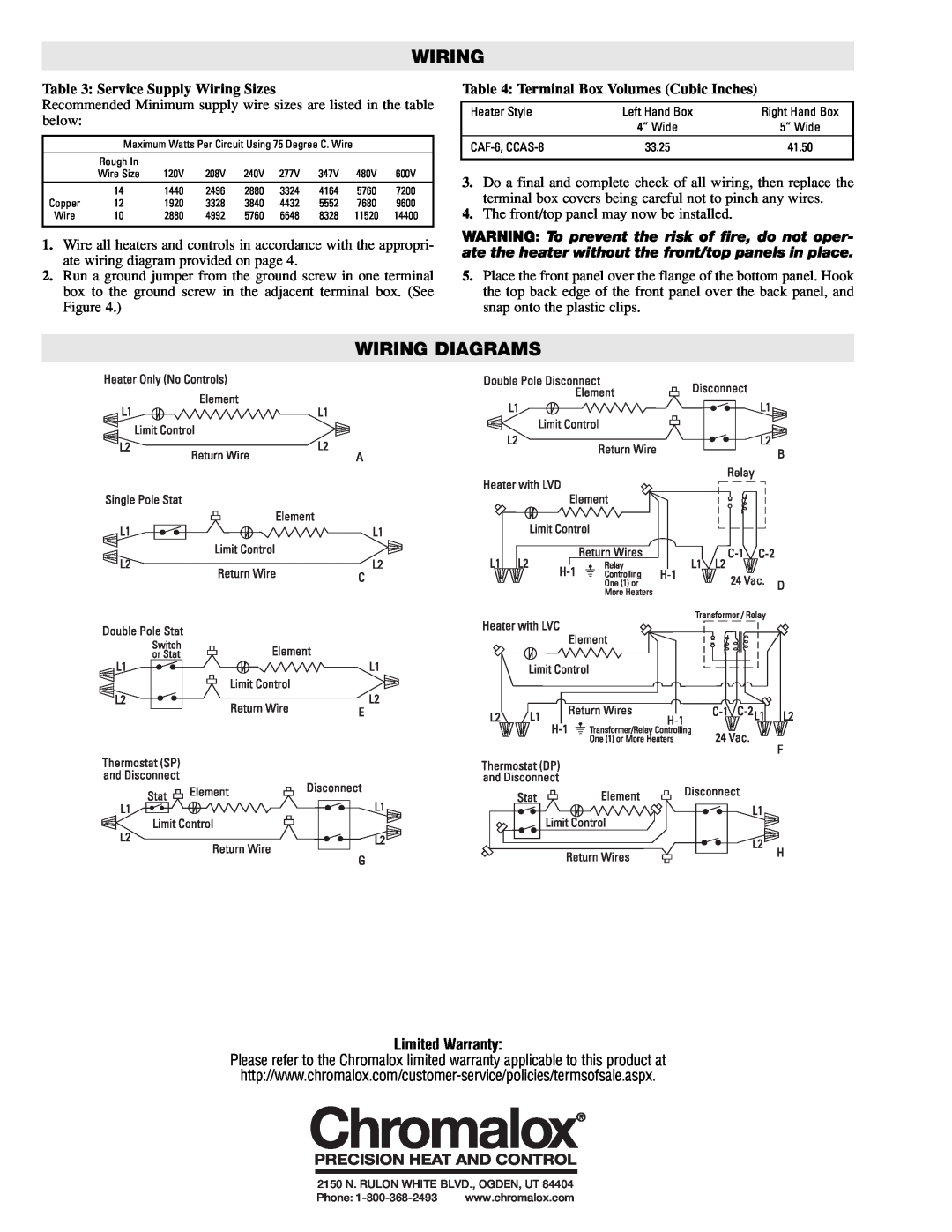 Chromalox CAF-6, CCAS-8 Wiring Diagrams, Service Supply Wiring Sizes, Terminal Box Volumes Cubic Inches, Limited Warranty 