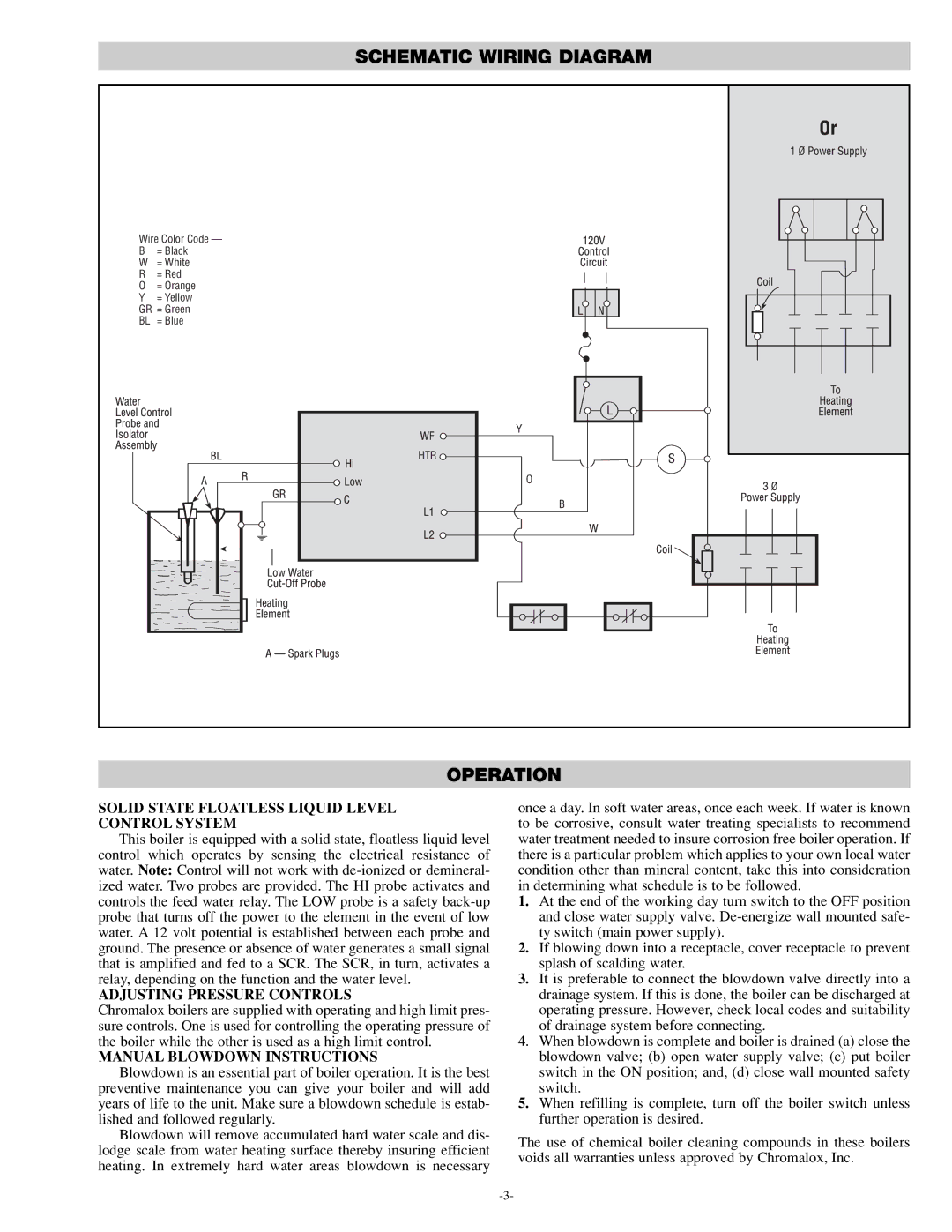 Chromalox CAS-20CM manual Schematic Wiring Diagram, Operation, Solid State Floatless Liquid Level Control System 