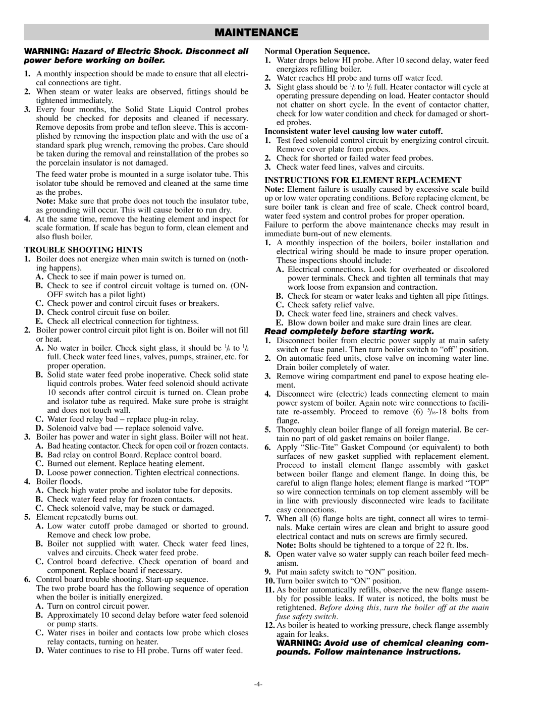 Chromalox CAS-20CM manual Maintenance, Trouble Shooting Hints, Instructions for Element Replacement 