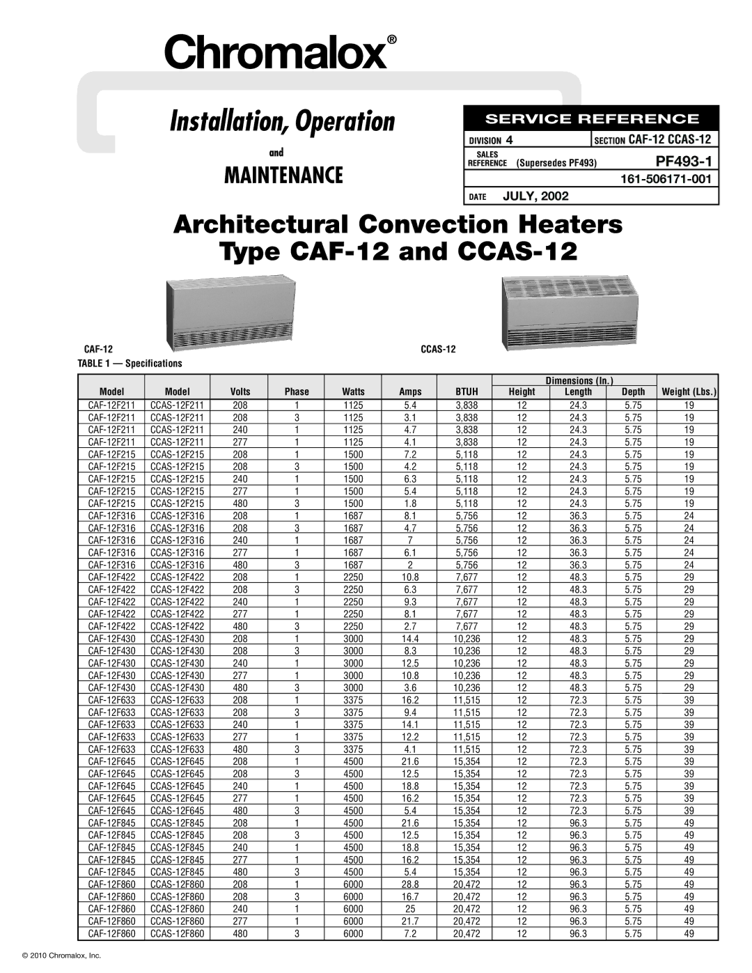 Chromalox CAF-12, CCAS-12 specifications Installation, Operation 