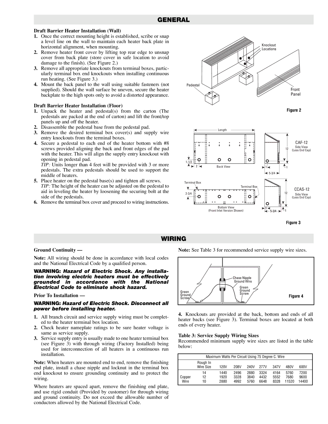 Chromalox CAF-12, CCAS-12 Wiring, Draft Barrier Heater Installation Wall, Draft Barrier Heater Installation Floor 