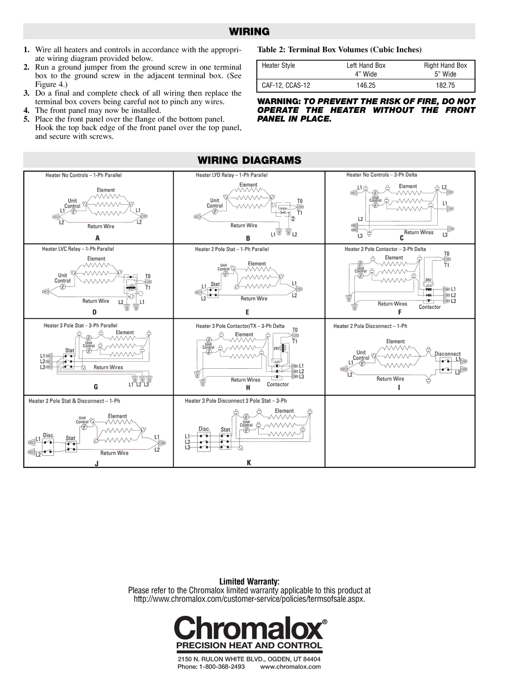 Chromalox CCAS-12, CAF-12 specifications Wiring Diagrams, Terminal Box Volumes Cubic Inches 