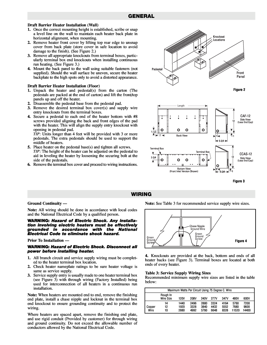 Chromalox CAF-12, CCAS-12 Wiring, Draft Barrier Heater Installation Wall, Draft Barrier Heater Installation Floor, General 