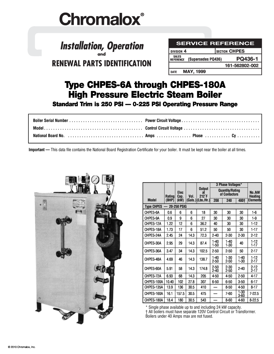 Chromalox CHPES-6A manual PQ436-1, Single phase available up to and including 24 kW capacity, Chromalox, Service Reference 