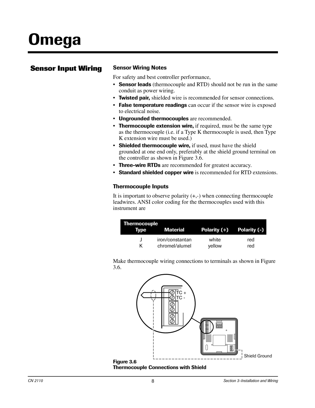 Chromalox CN2110 manual Sensor Input Wiring Sensor Wiring Notes, Thermocouple Inputs 