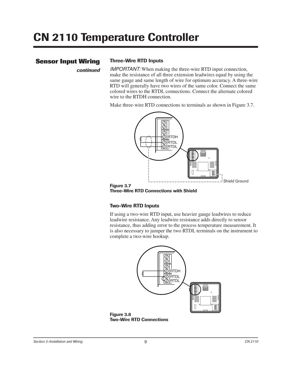 Chromalox CN2110 manual Sensor Input Wiring, Three-Wire RTD Inputs, Two-Wire RTD Inputs 