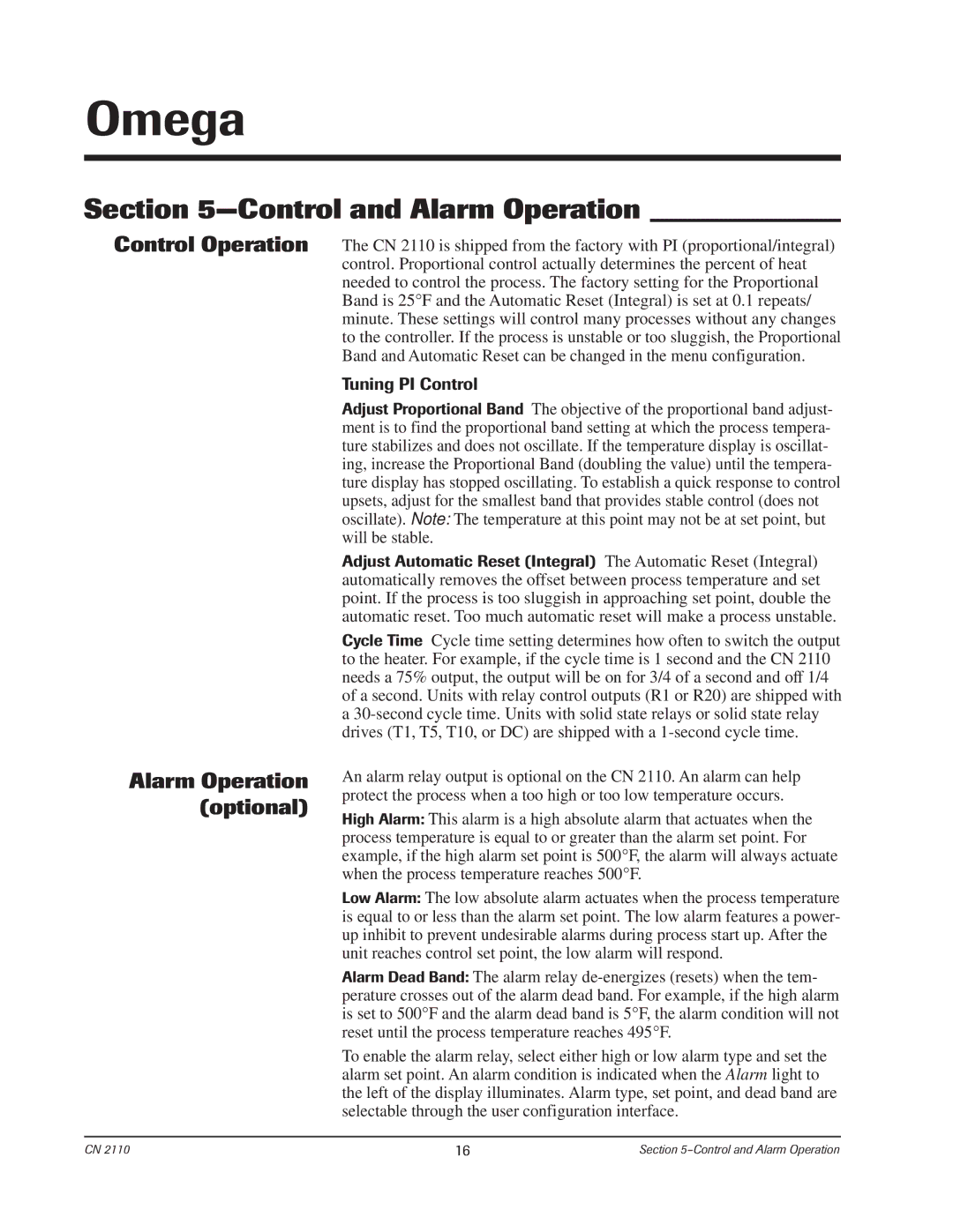 Chromalox CN2110 manual Control and Alarm Operation, Control Operation Alarm Operation optional, Tuning PI Control 