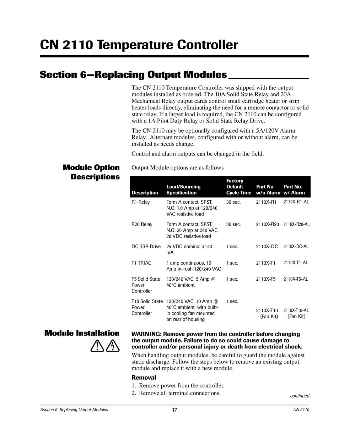 Chromalox CN2110 manual Replacing Output Modules, Module Option Descriptions, Module Installation, Removal 