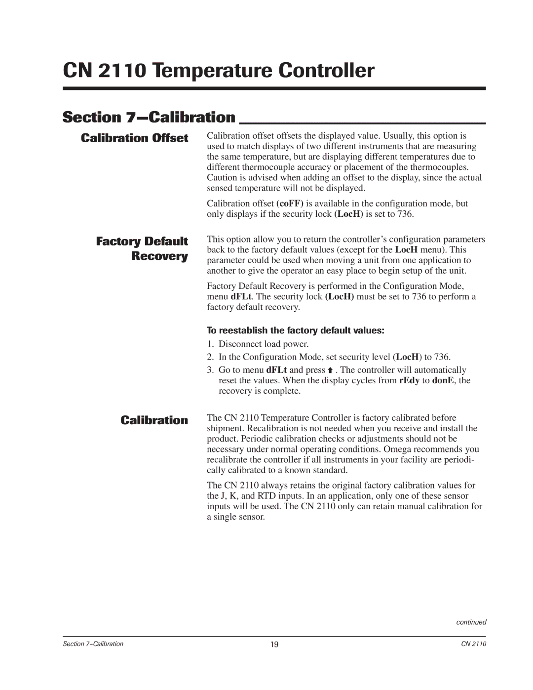 Chromalox CN2110 manual Calibration Offset Factory Default Recovery, To reestablish the factory default values 