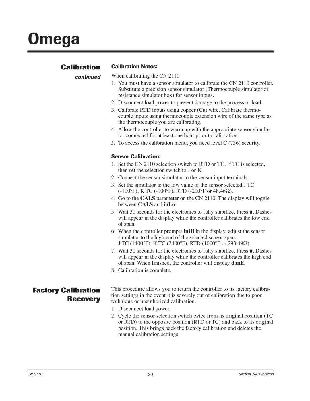 Chromalox CN2110 manual Calibration Factory Calibration Recovery, Calibration Notes, Sensor Calibration 