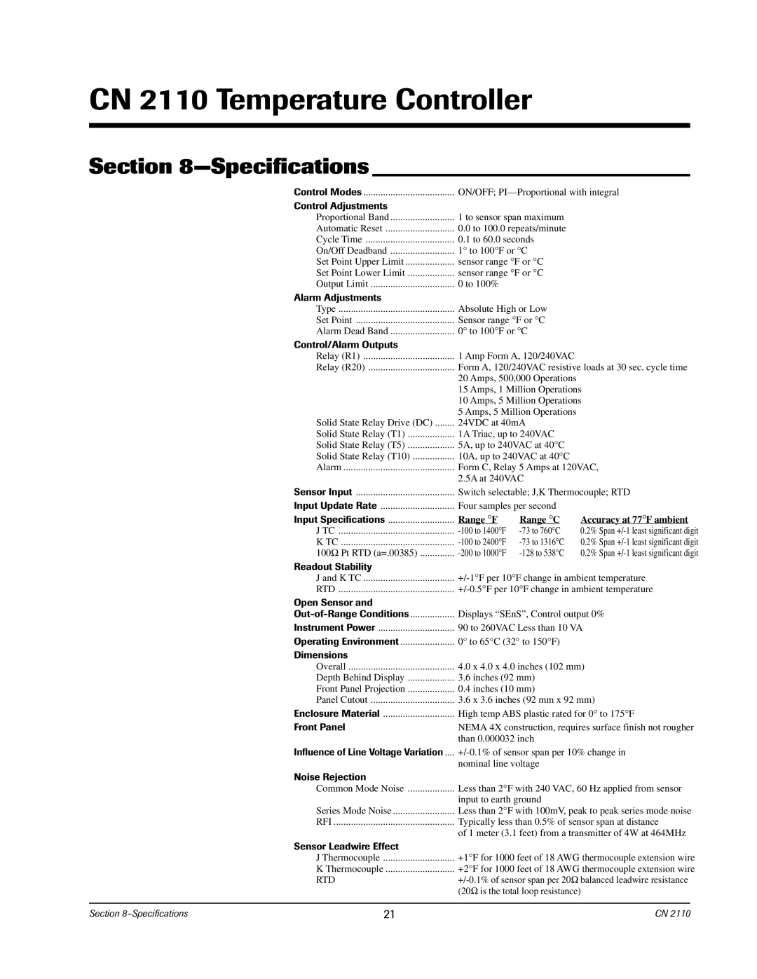 Chromalox CN2110 manual Specifications, Control Adjustments 