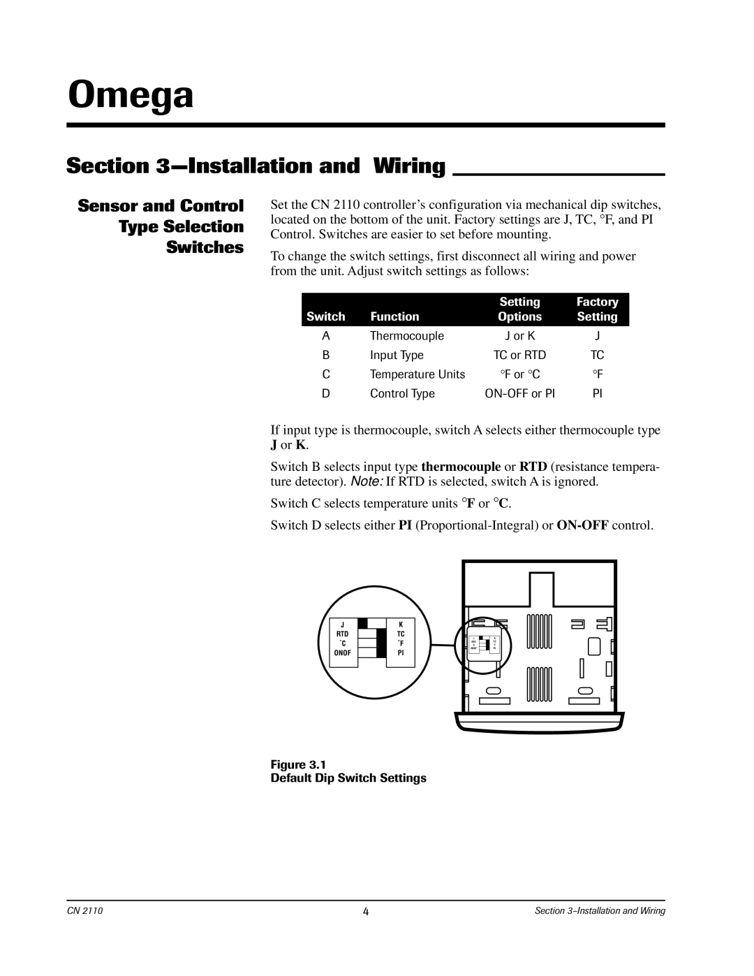 Chromalox CN2110 manual Installation and Wiring, Sensor and Control Type Selection Switches 