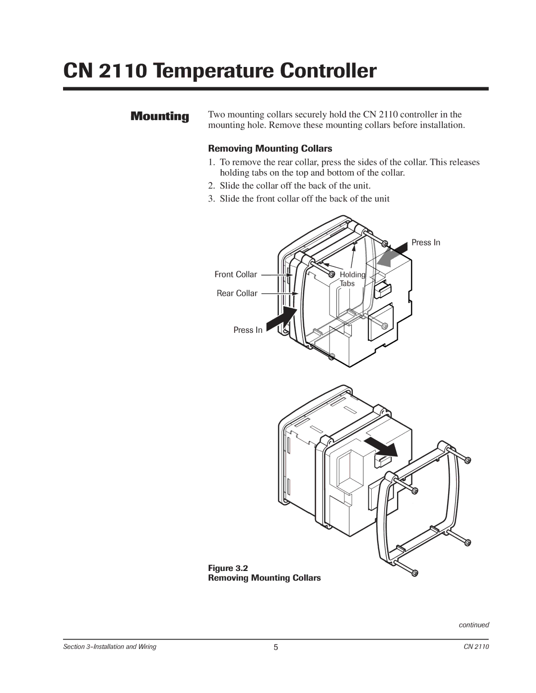 Chromalox CN2110 manual Removing Mounting Collars 