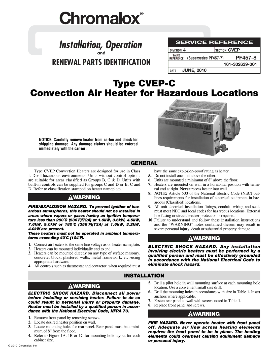 Chromalox CVEP-C installation instructions PF457-8, General, Installation, 161-302639-001, Supersedes PF457-7 