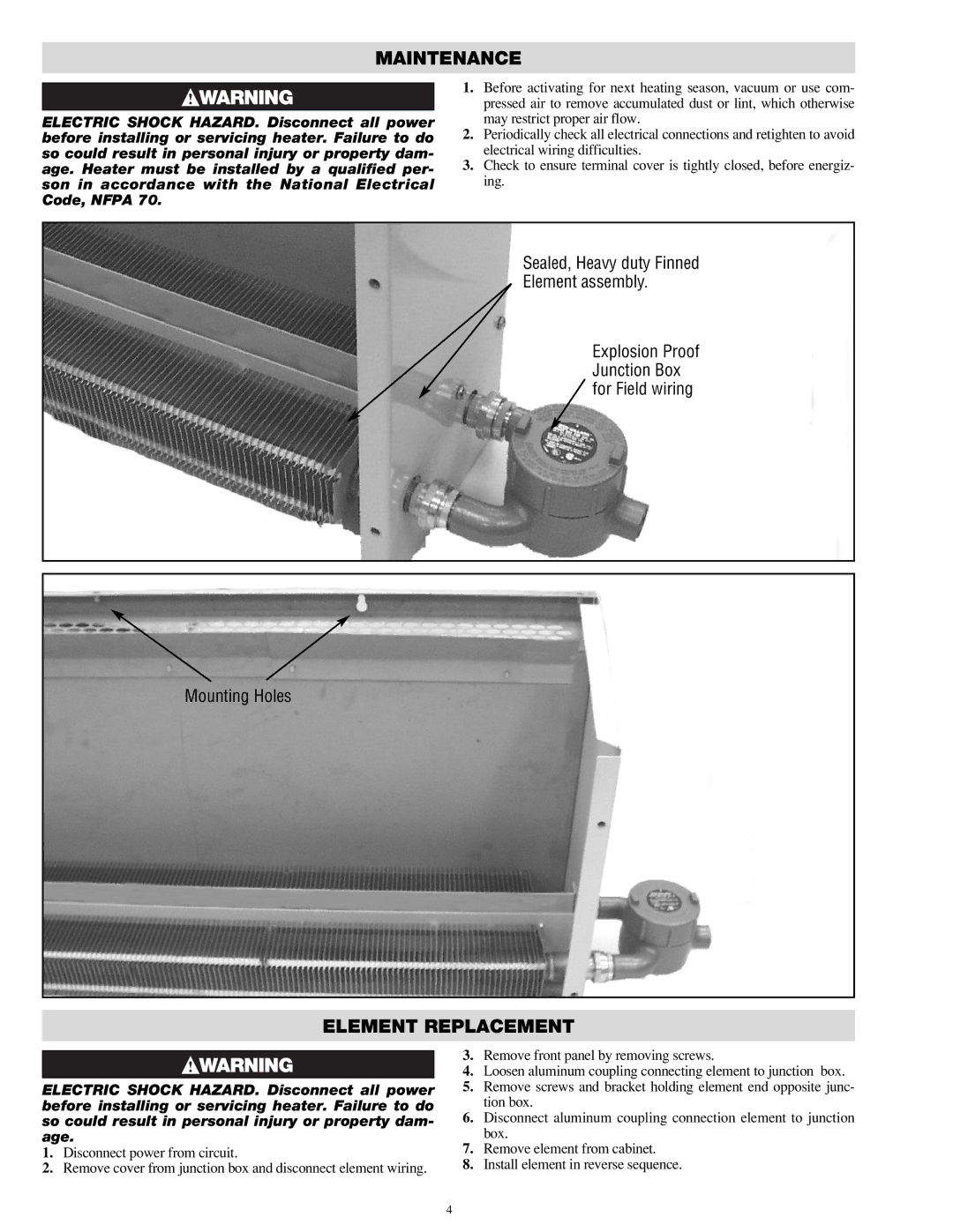 Chromalox CVEP-C installation instructions Maintenance, Element Replacement 