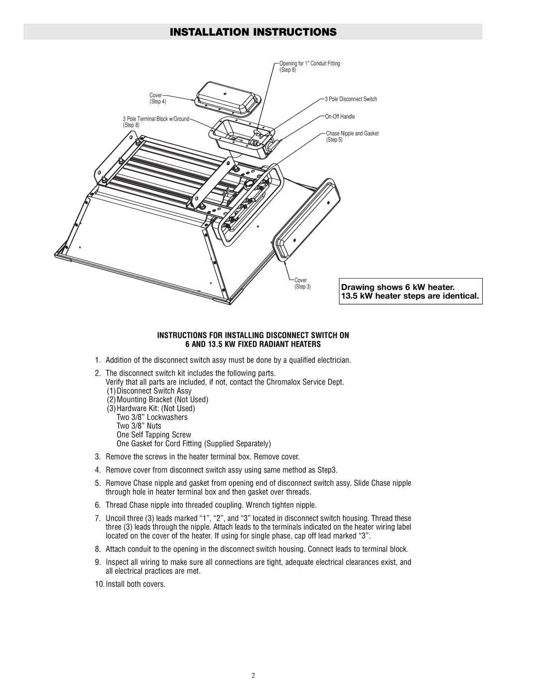 Chromalox DS-50600 Installation Instructions, Drawing shows 6 kW heater KW heater steps are identical 