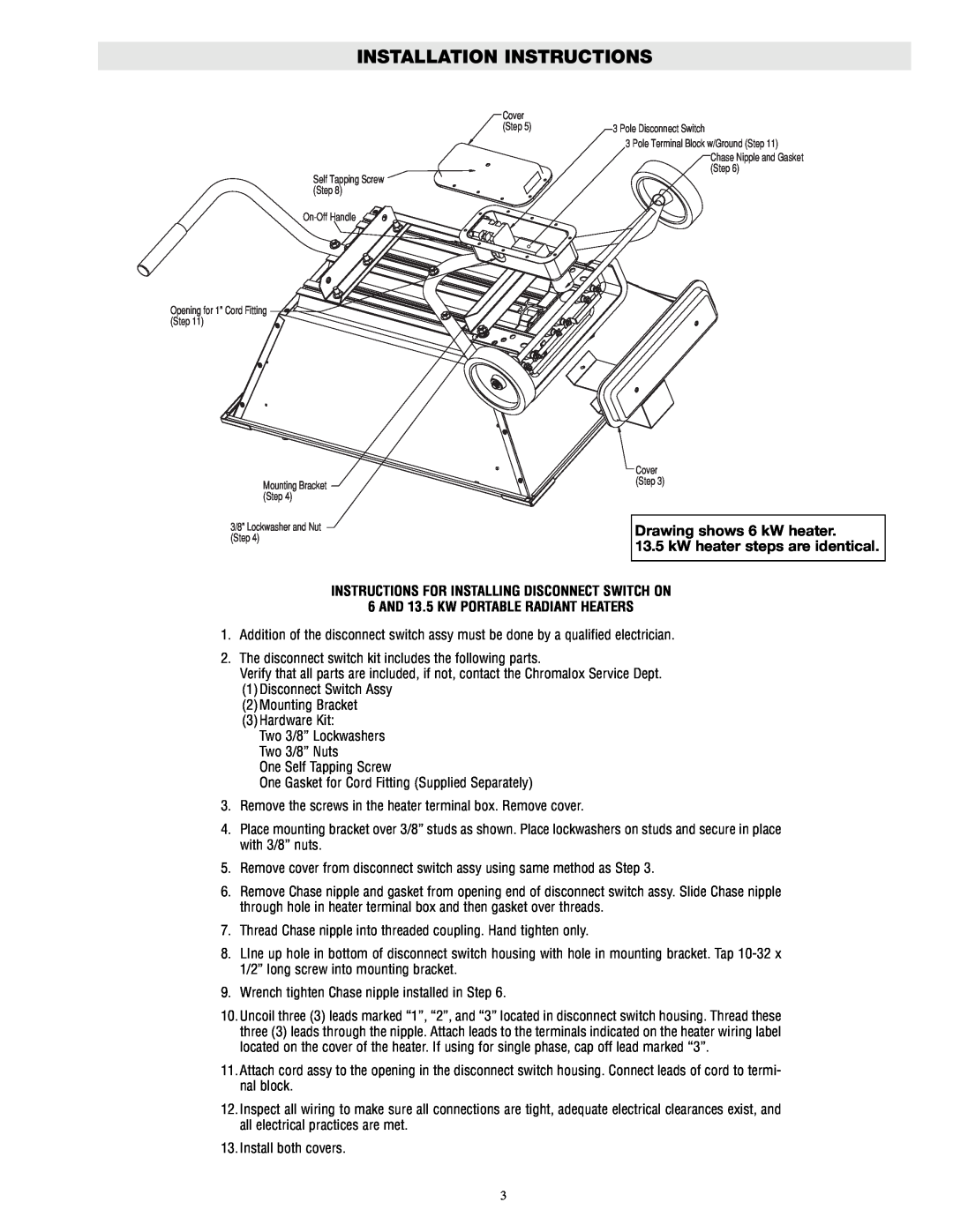 Chromalox DS-50600 Installation Instructions, Drawing shows 6 kW heater, kW heater steps are identical 