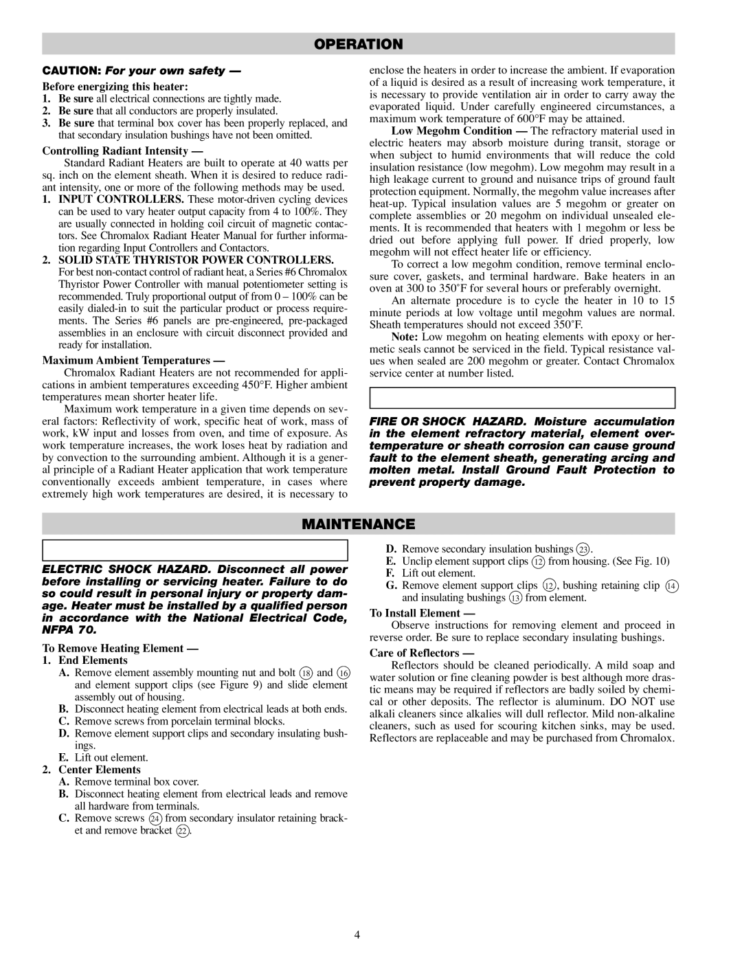 Chromalox DU-RAD-458 6.04 757 specifications Operation, Maintenance 