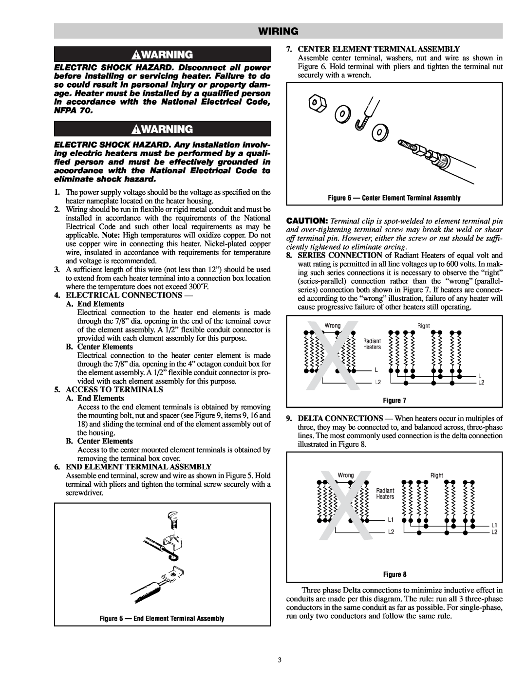 Chromalox DU-RAD-458 6.04 757 specifications Wiring, ELECTRICAL CONNECTIONS - A.End Elements, B.Center Elements 