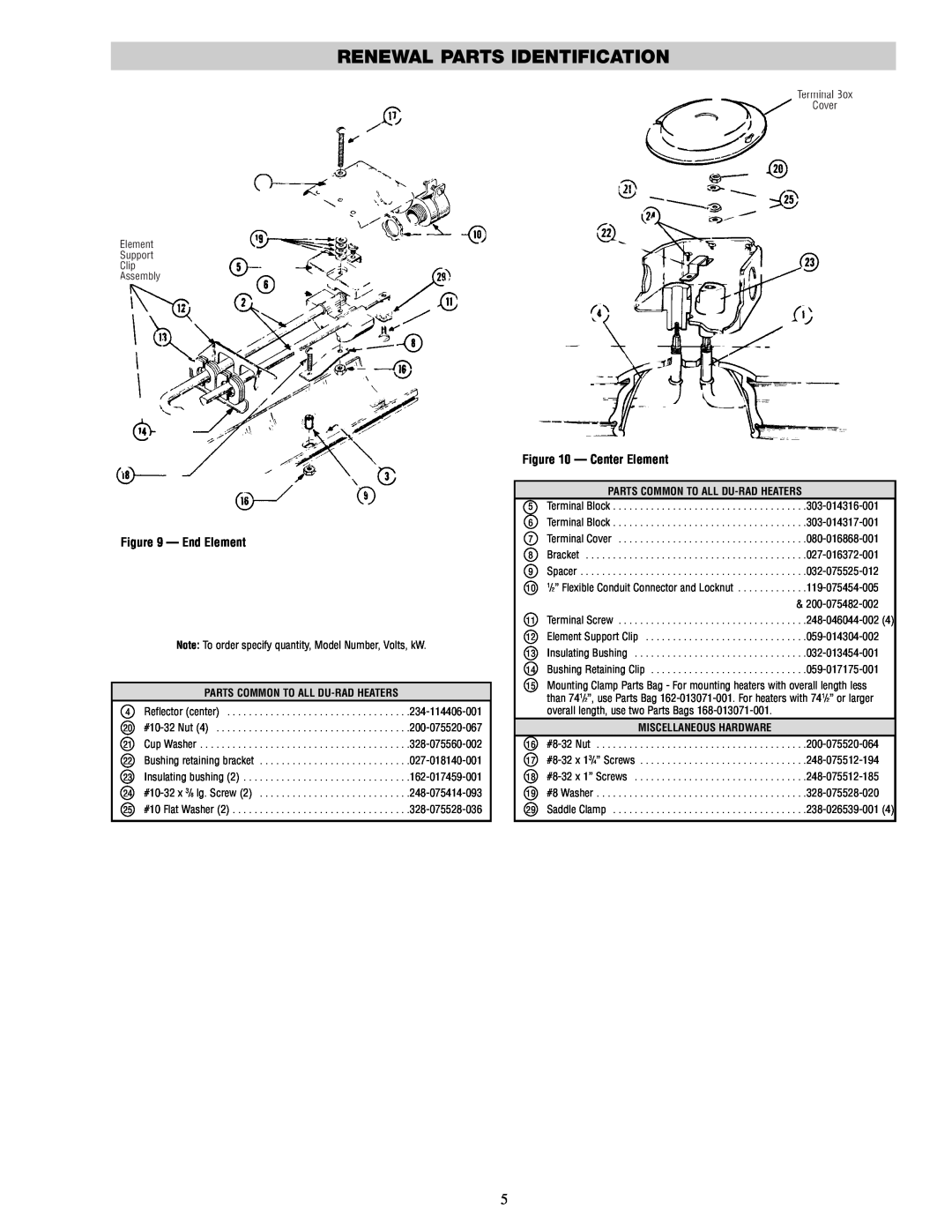 Chromalox DU-RAD-458 6.04 757 specifications Renewal Parts Identification, End Element, Center Element 