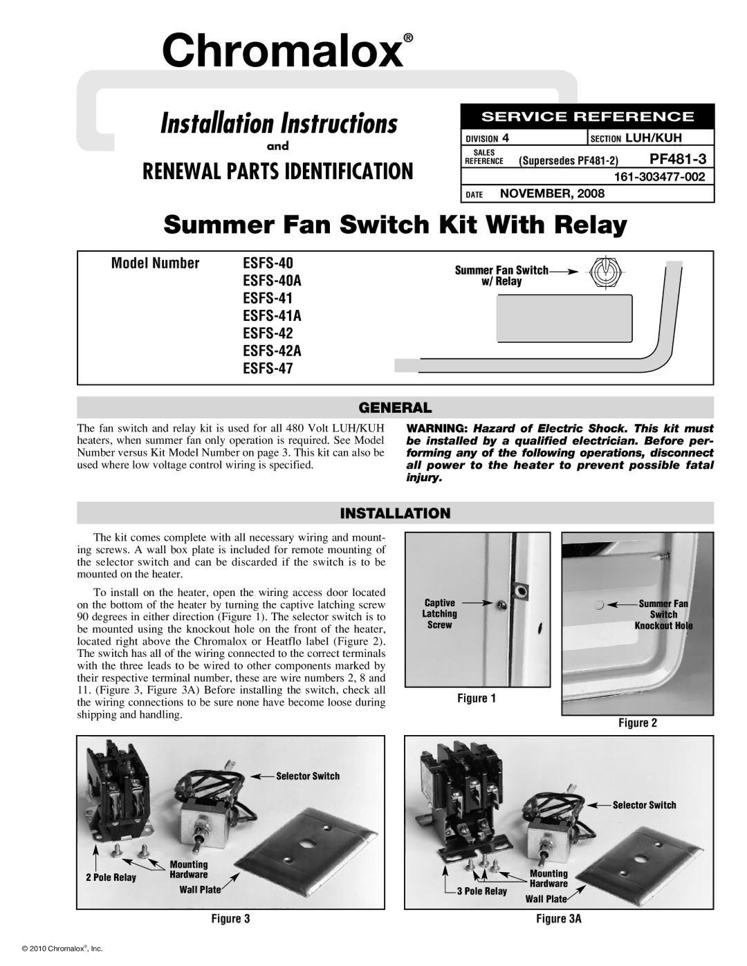 Chromalox ESFS-40A, ESFS-41A, ESFS-47, ESFS-42A installation instructions General, Installation 