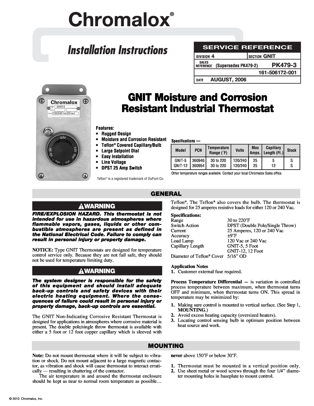 Chromalox GNIT-5 installation instructions PK479-3, General, Mounting, Date August, Specifications, Application Notes 
