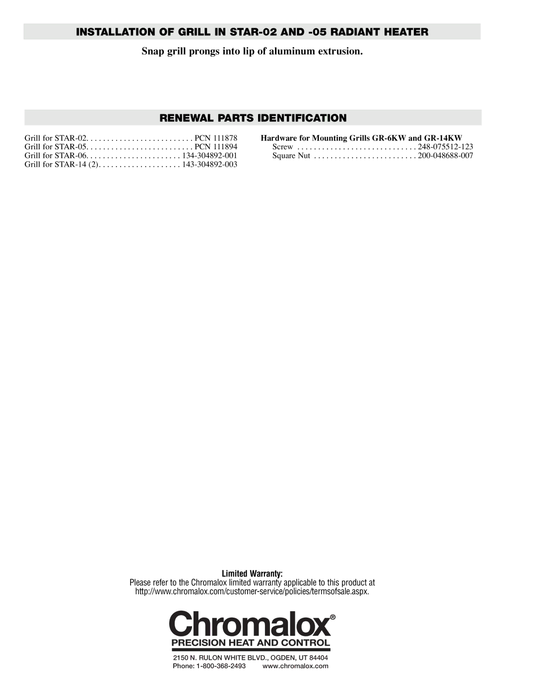 Chromalox GR-2, GR-4, GR-6TW, GR-14TW manual Installation of Grill in STAR-02 and -05 Radiant Heater 