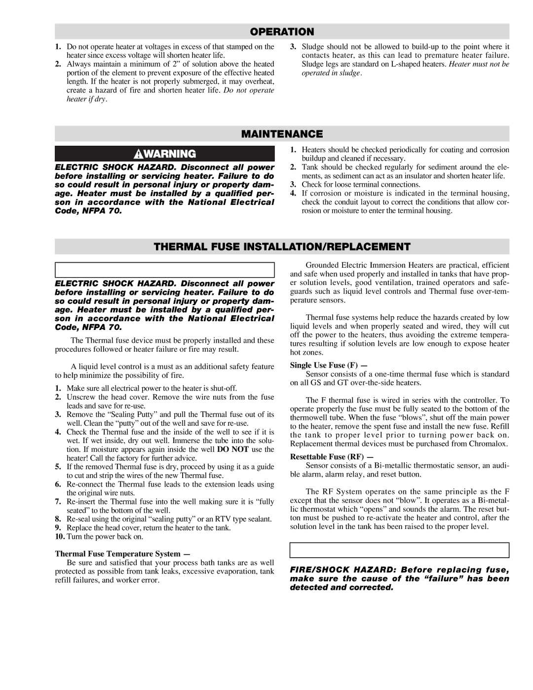 Chromalox GSL3 installation instructions Operation, Maintenance, Thermal Fuse INSTALLATION/REPLACEMENT 