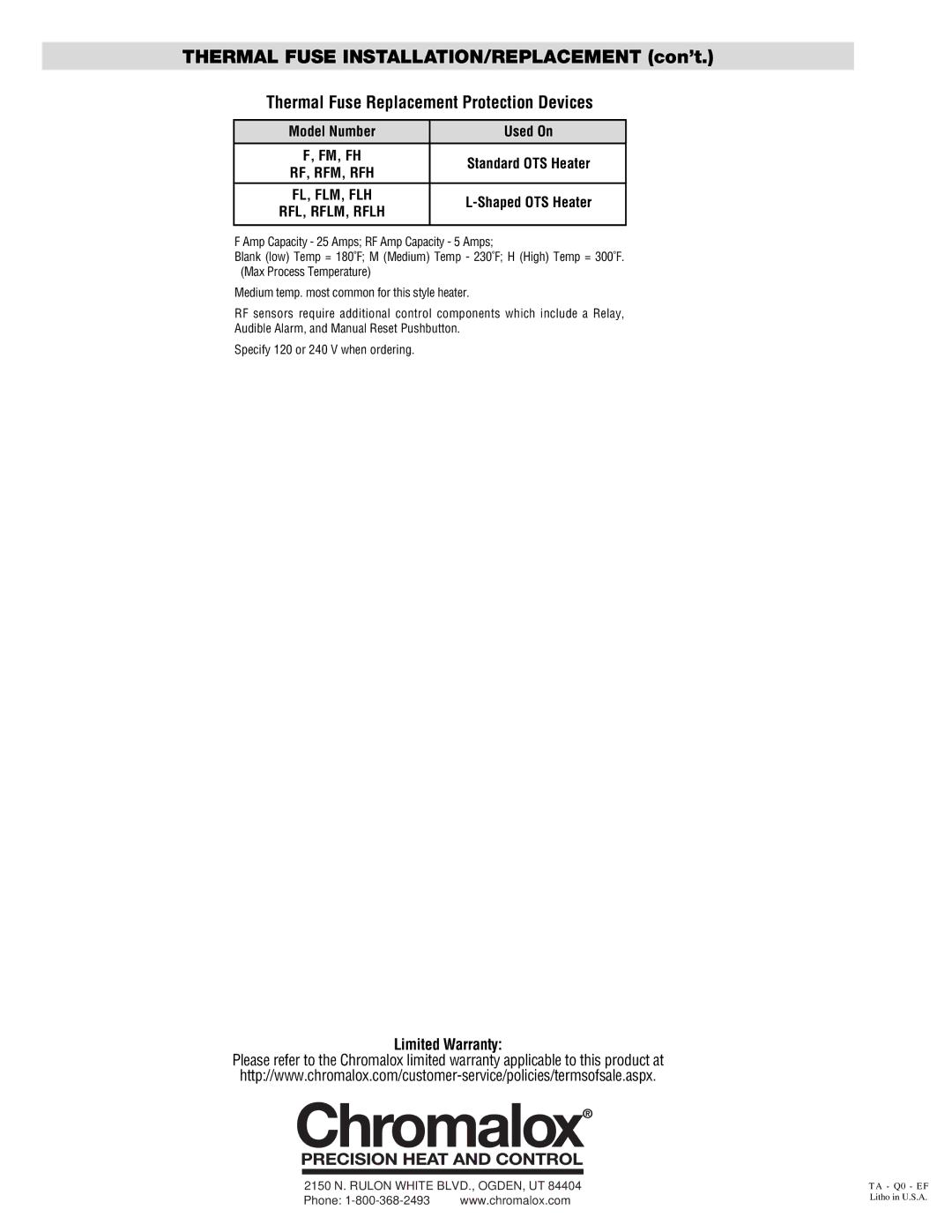 Chromalox GSL3 installation instructions Thermal Fuse INSTALLATION/REPLACEMENT con’t 