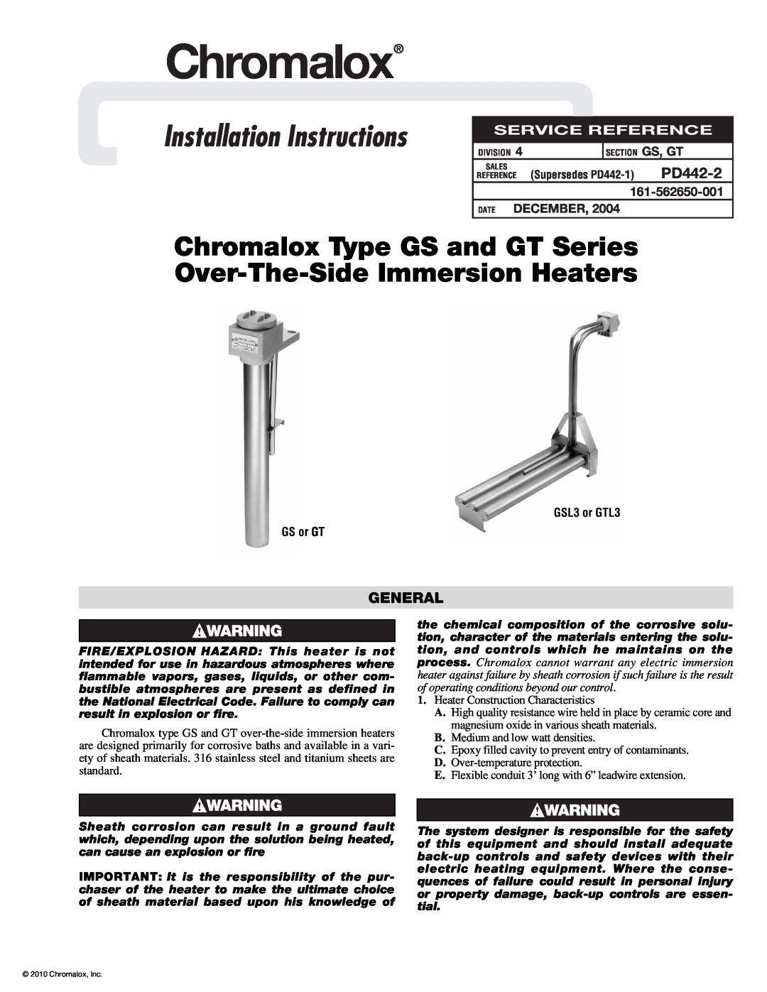 Chromalox installation instructions PD442-2, General, Date December, GSL3 or GTL3 GS or GT, Chromalox 