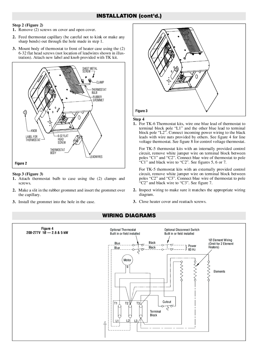 Chromalox HVH-TK6, HVH-TK5 specifications Installation cont’d, Wiring Diagrams, 208-277V 1Ø 2.6 & 5 kW 