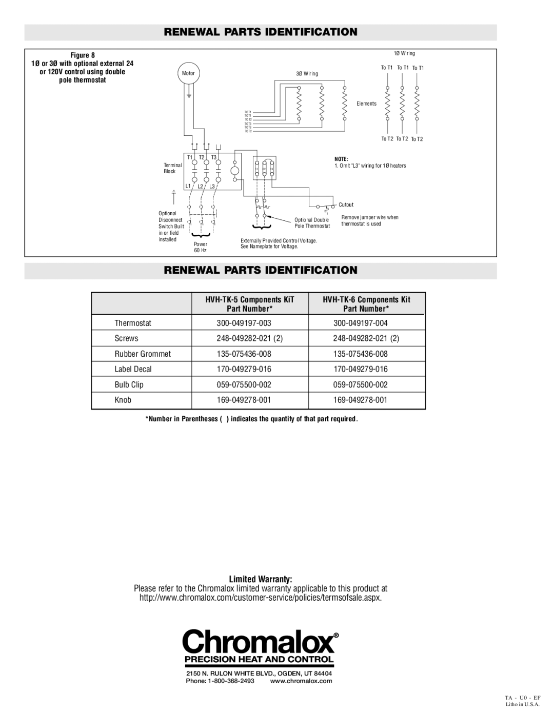 Chromalox HVH-TK6, HVH-TK5 Renewal Parts Identification, HVH-TK-5 Components KiT HVH-TK-6 Components Kit Part Number 